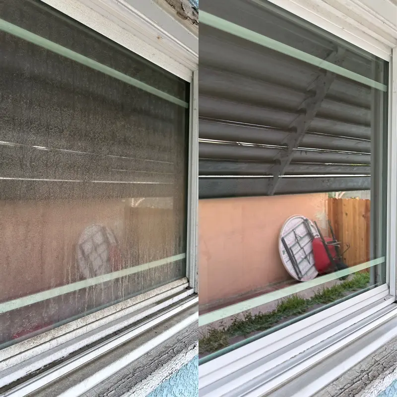Side-by-side comparison of a large sliding window before and after cleaning: cloudy grime obscuring the view on the left, clear glass and clean track on the right