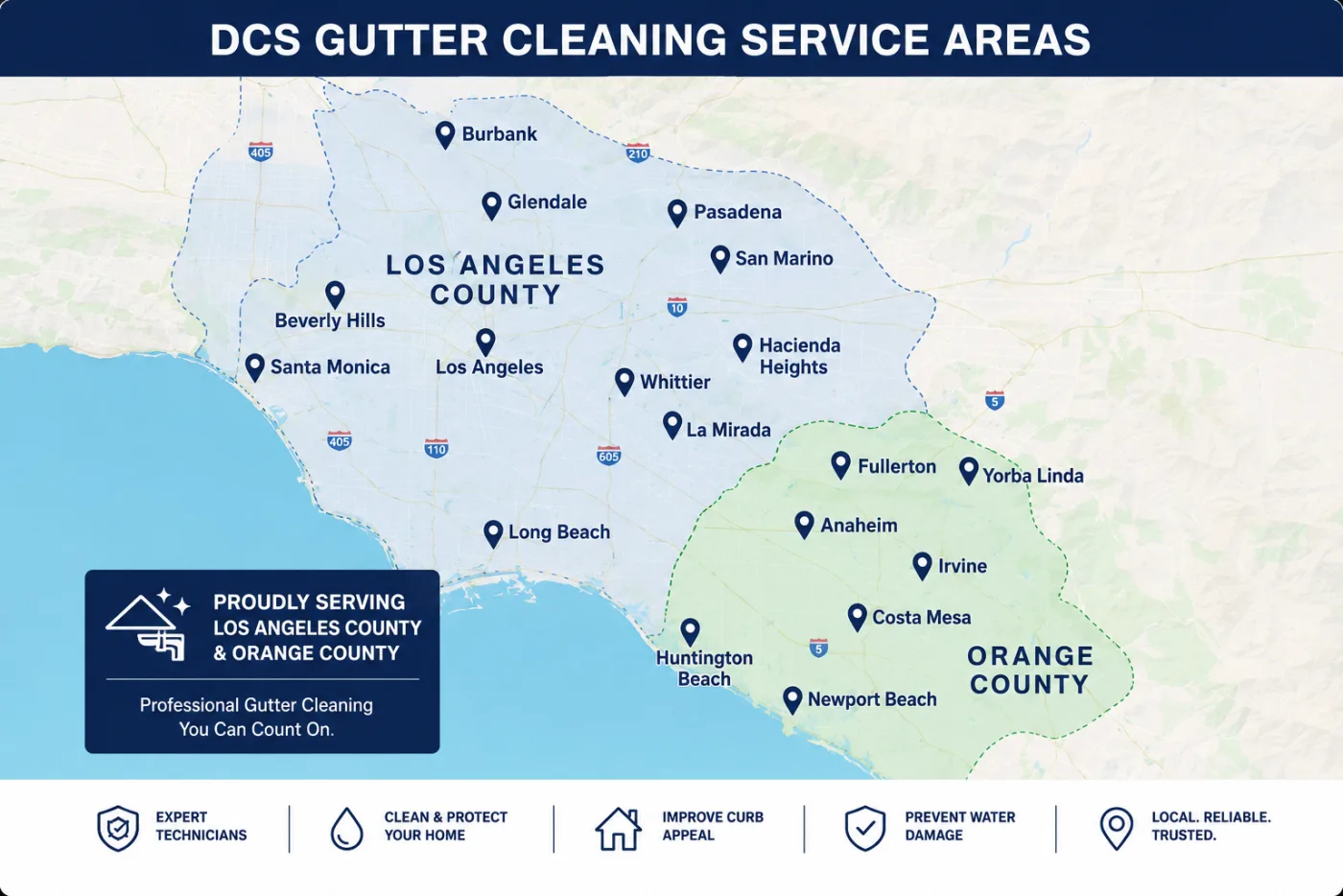 Map of the Dynamic Cleaning Services coverage area across Los Angeles County and Orange County, including Burbank, Glendale, Pasadena, Beverly Hills, Santa Monica, Whittier, Long Beach, Anaheim, Irvine and Newport Beach